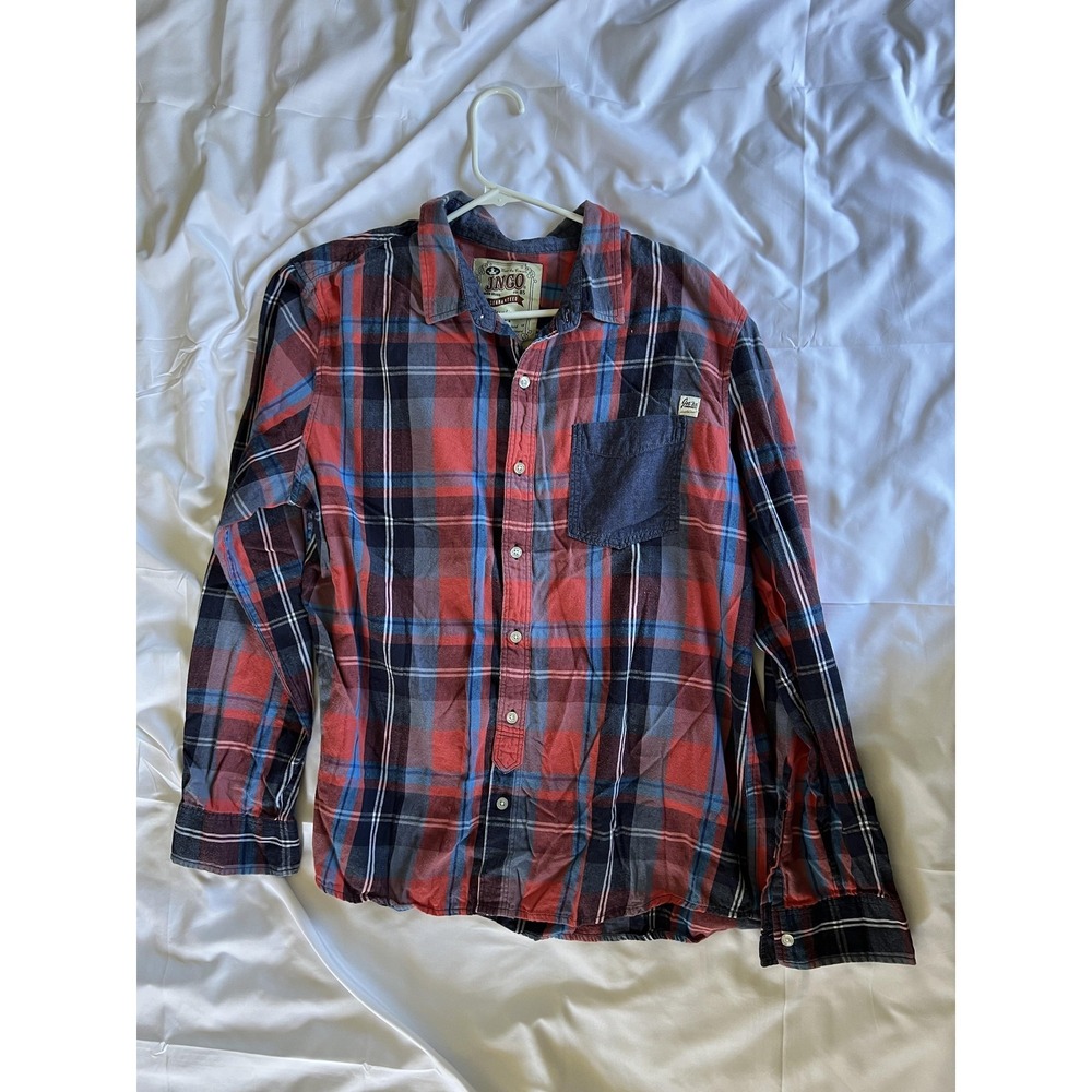 JNCO Shirt Mens 2XL Blue Red Plaid Button Down Flannel Soft Cotton Pocket Casual - Picture 2 of 11